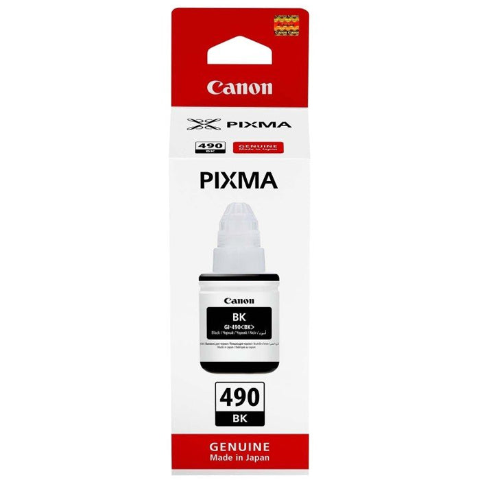 Canon GI-490BK Black Original Ink Bottle, genuine Canon refill ink for compatible PIXMA MegaTank printers, delivering sharp black text, high page yields, and reliable, high-quality printing for home and office use.