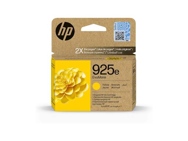 HP 925e EvoMore Yellow Original Ink Cartridge, genuine HP EvoMore ink cartridge for compatible HP printers, delivering bright yellow colour, consistent print quality, and reliable long-lasting performance for home and office printing.