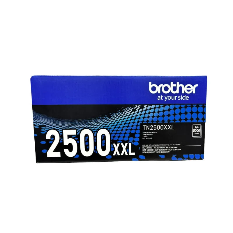 Brother TN-2500XXL original super high yield toner cartridge by Meimag, shown in a sleek black toner container.