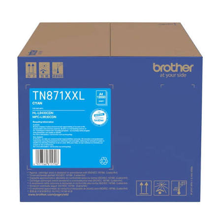 Brother TN-871XXLC Original Extra High Yield Cyan Toner Cartridge, genuine Brother toner for compatible Brother colour laser printers, delivering vibrant cyan colour, consistent print quality, exceptional page yield, and reliable performance for high-volume printing.