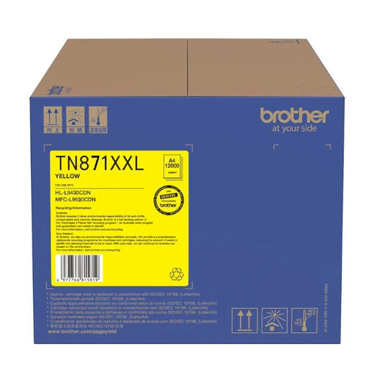 Brother TN-871XXLY Original Extra High Yield Yellow Toner Cartridge, genuine Brother toner for compatible Brother colour laser printers, delivering bright yellow colour, consistent print quality, exceptional page yield, and reliable performance for high-volume printing.