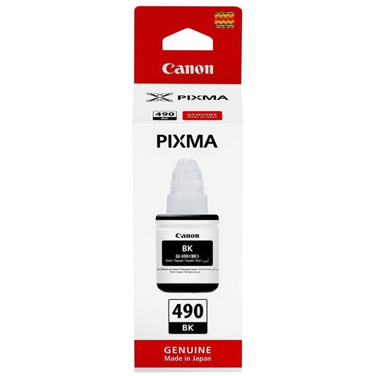 Canon GI-490BK Black Original Ink Bottle, genuine Canon refill ink for compatible PIXMA MegaTank printers, delivering sharp black text, high page yields, and reliable, high-quality printing for home and office use.