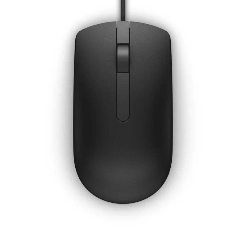Dell MS116 USB Optical Mouse Black Top View by Meimag Electronics, showcasing the mouse’s ergonomic design, responsive buttons, smooth scroll wheel, and precise optical tracking for reliable everyday home and office computing.