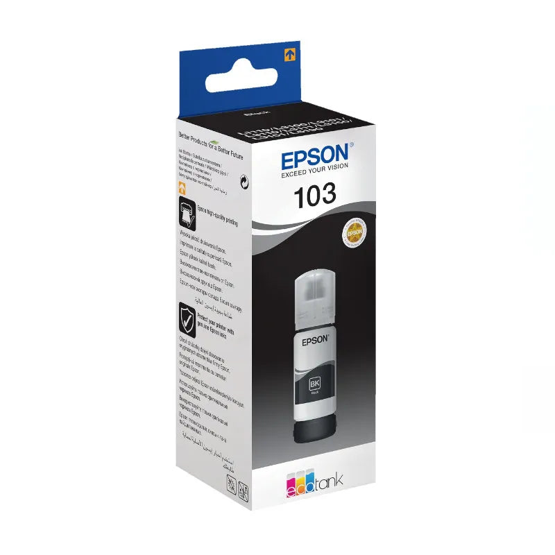 Epson 103 Black Original Ink Bottle 65ml, genuine Epson refill ink for compatible EcoTank printers, delivering sharp black text, high page yields, and reliable, cost-effective printing for home and office use.