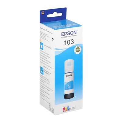 Epson 103 Cyan Original Ink Bottle 65ml, genuine Epson refill ink for compatible EcoTank printers, delivering vibrant cyan colour, high page yields, consistent print quality, and reliable performance for home and office printing.