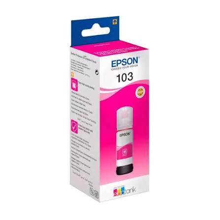 Epson 103 Magenta Original Ink Bottle 65ml, genuine Epson refill ink for compatible EcoTank printers, delivering rich magenta colour, high page yields, consistent print quality, and reliable performance for home and office printing.