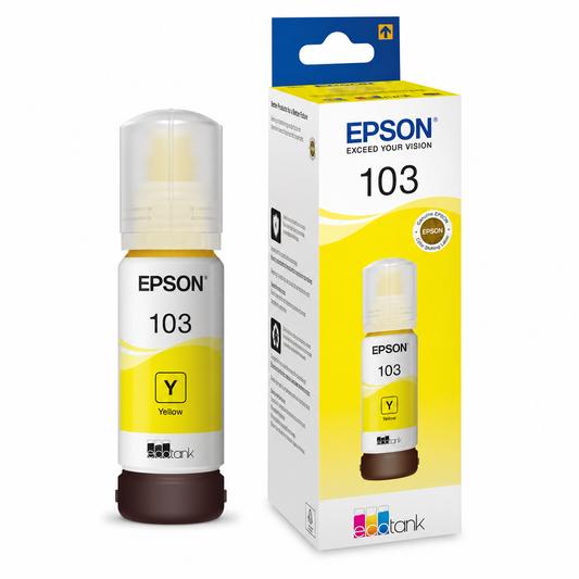 Epson 103 Yellow Original Ink Bottle 65ml, genuine Epson refill ink for compatible EcoTank printers, delivering bright yellow colour, high page yields, consistent print quality, and reliable performance for home and office printing.