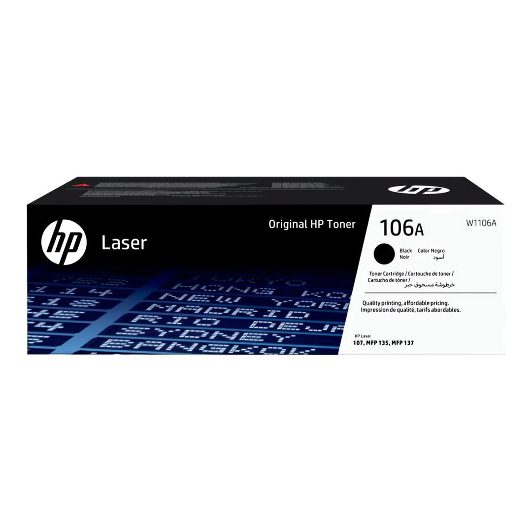 HP 106A (W1106A) Original Black Toner Cartridge, genuine HP LaserJet toner for compatible HP printers, delivering crisp black text, professional-quality documents, consistent print performance, and reliable results for home and office printing.