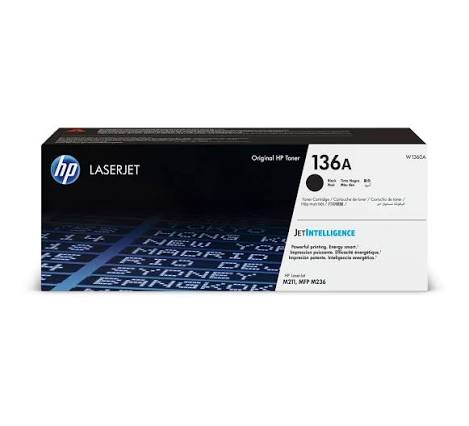 HP 136A Original Black Toner Cartridge, genuine HP LaserJet toner for compatible HP printers, delivering crisp black text, professional-quality documents, consistent print quality, and reliable performance for home and office printing.