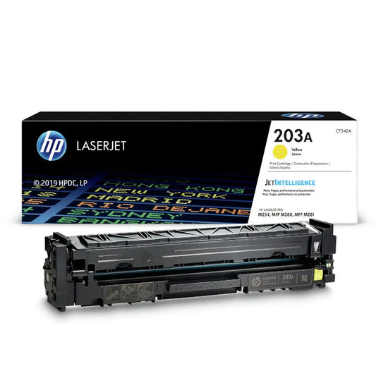 HP 203A (CF542A) Original Yellow Toner Cartridge, genuine HP LaserJet toner for compatible HP colour laser printers, delivering bright yellow colour, consistent print quality, and reliable performance for professional home and office printing.