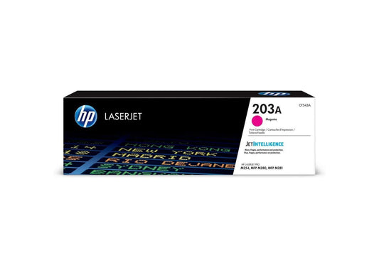 HP 203A (CF543A) Original Magenta Toner Cartridge, genuine HP LaserJet toner for compatible HP colour laser printers, delivering rich magenta colour, consistent print quality, and reliable performance for professional home and office printing.