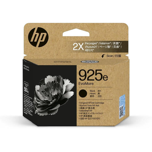 HP 925e EvoMore Black Original Ink Cartridge, genuine HP EvoMore ink cartridge for compatible HP printers, delivering sharp black text, professional-quality prints, and reliable long-lasting performance with high page yields.