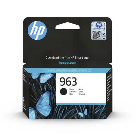 HP 963 Original Black Ink Cartridge, genuine HP standard-yield ink cartridge for compatible HP OfficeJet printers, delivering sharp black text, professional-quality documents, consistent print quality, and reliable performance for home and office printing.