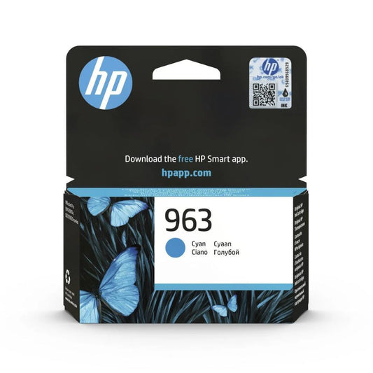 HP 963 Original Cyan Ink Cartridge, genuine HP standard-yield ink cartridge for compatible HP OfficeJet printers, delivering vibrant cyan colour, consistent print quality, and reliable performance for home and office printing