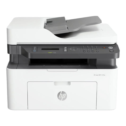 HP LaserJet MFP 137fnw Monochrome Laser Multifunction Printer with print, scan, copy, and fax functions, wireless connectivity, mobile printing, and fast black-and-white printing for home offices and small businesses.