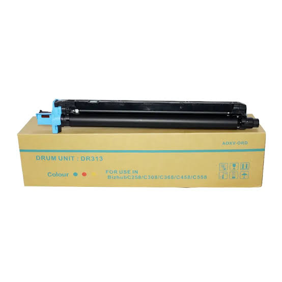 Genuine Konica Minolta DR-313C cyan original drum unit for Bizhub C458, C558 and C658 multifunction printers, designed for consistent colour output and reliable printing performance.