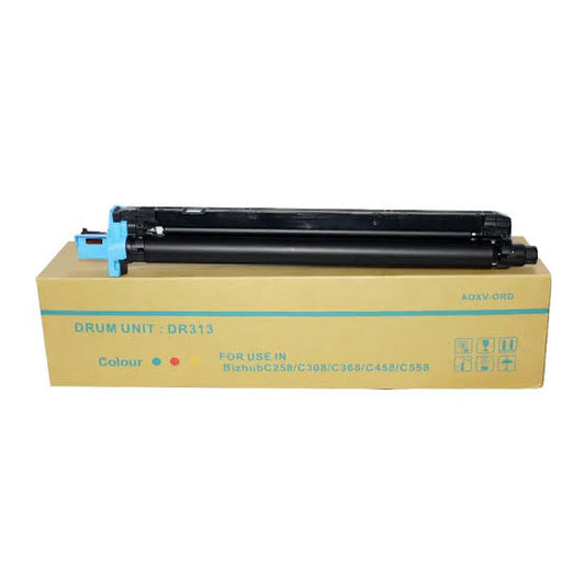Genuine Konica Minolta DR-313C cyan original drum unit for Bizhub C458, C558 and C658 multifunction printers, designed for consistent colour output and reliable printing performance.