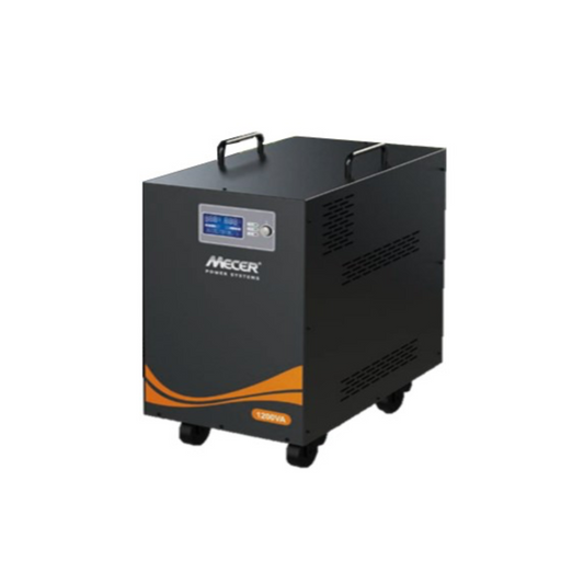 Mecer 1.2KVA 720W inverter with protective housing and built-in wheels, a portable backup power solution for essential devices during power outages. Meimag Electronics